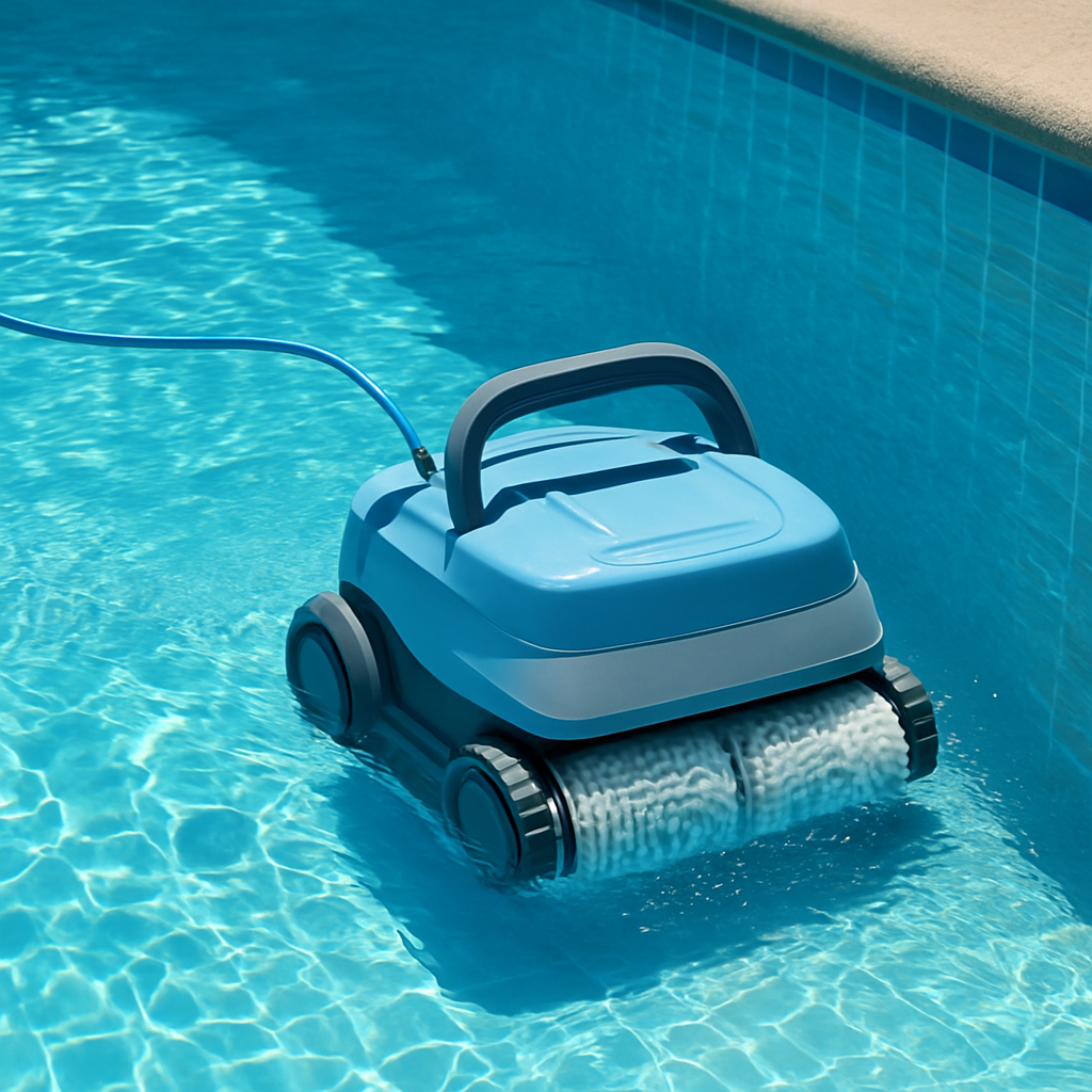 Poolroboter beim Reinigen des Beckens, zeigt Bürstenkontakt an Wänden und Boden