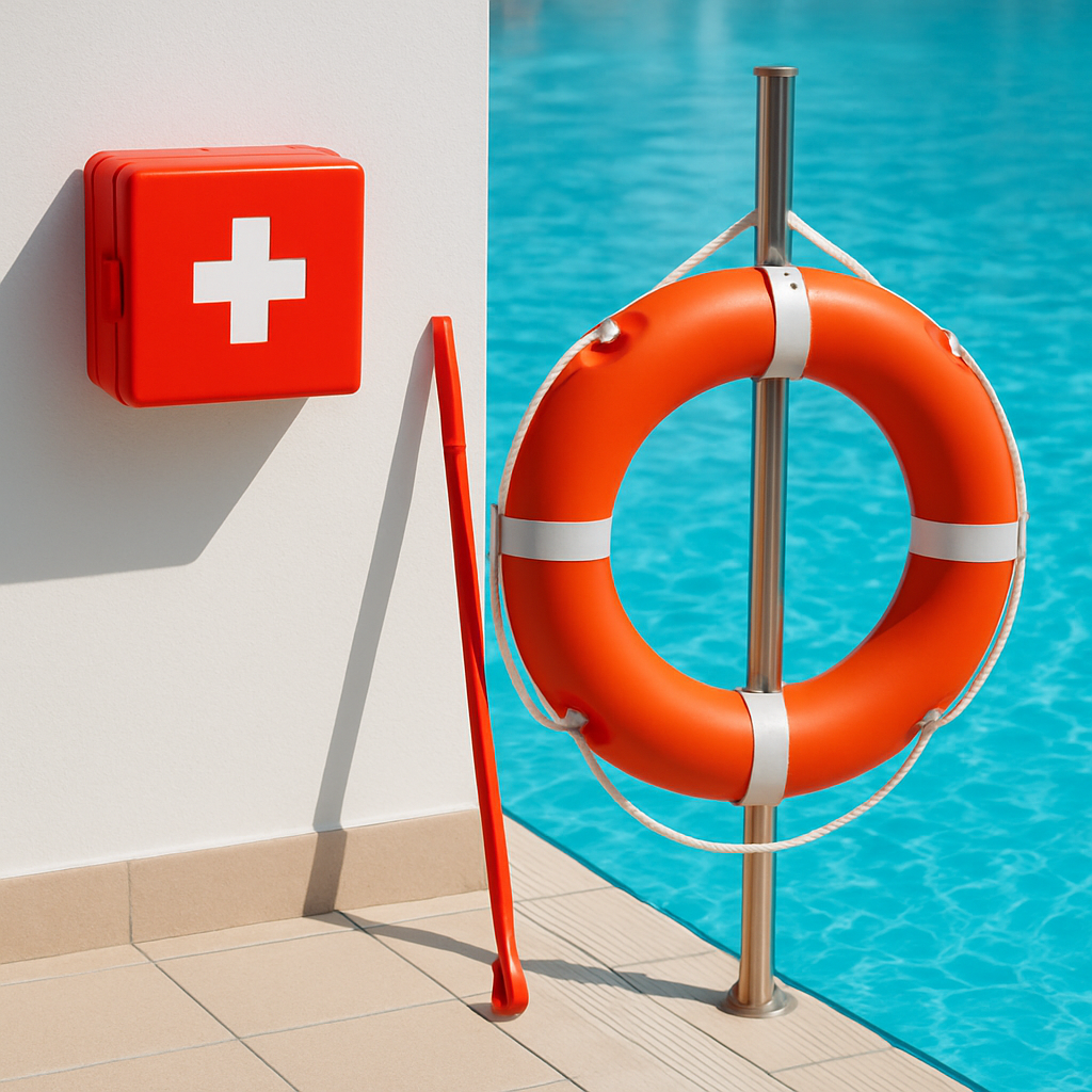 Rettungsring und Rettungsstange neben dem Pool, Erste‑Hilfe‑Kasten gut sichtbar angebracht