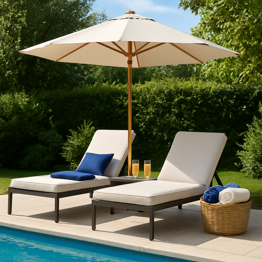 Schattige Lounge‑Ecke neben dem Pool mit Sonnenschirm, Getränken und Handtüchern