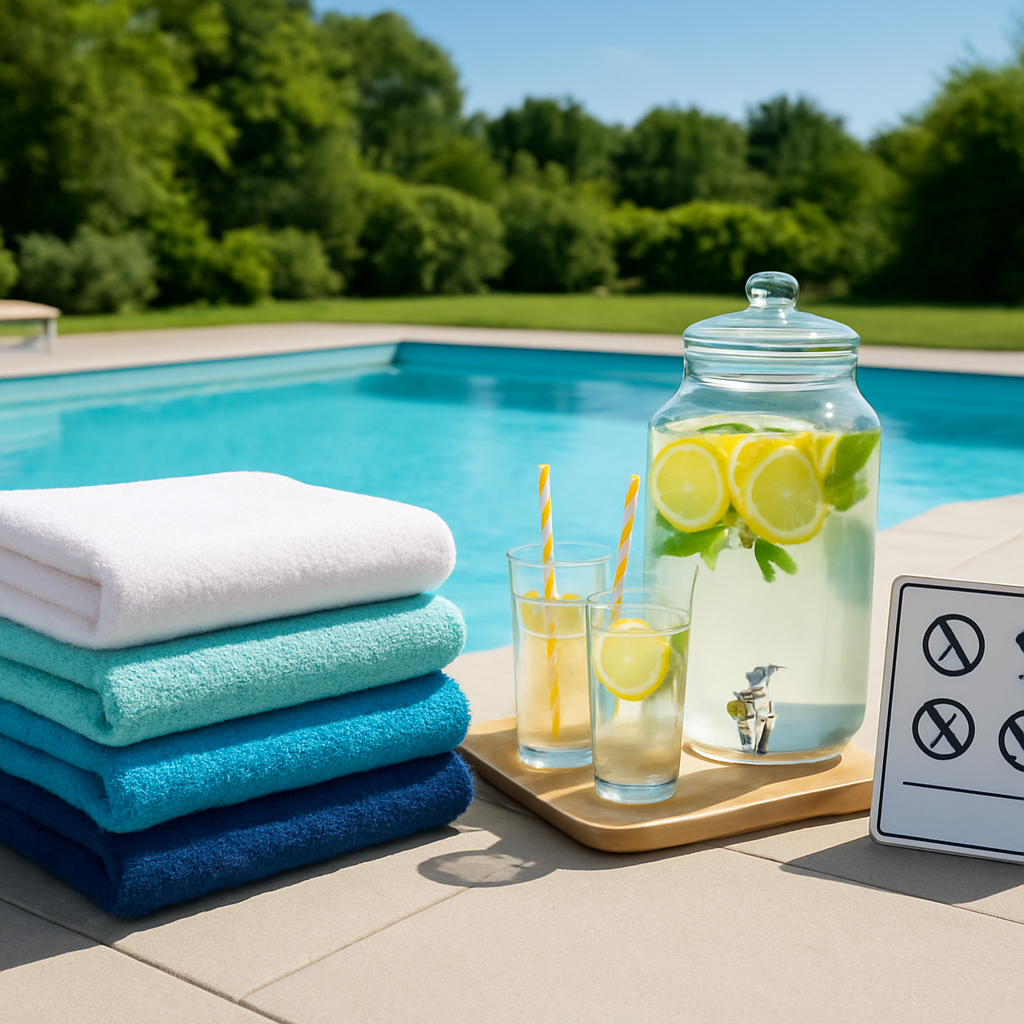 Vorbereitete Poolzone mit aufgereihten Handtüchern, Getränkestation und einem kleinen Schild mit einfachen Baderegeln