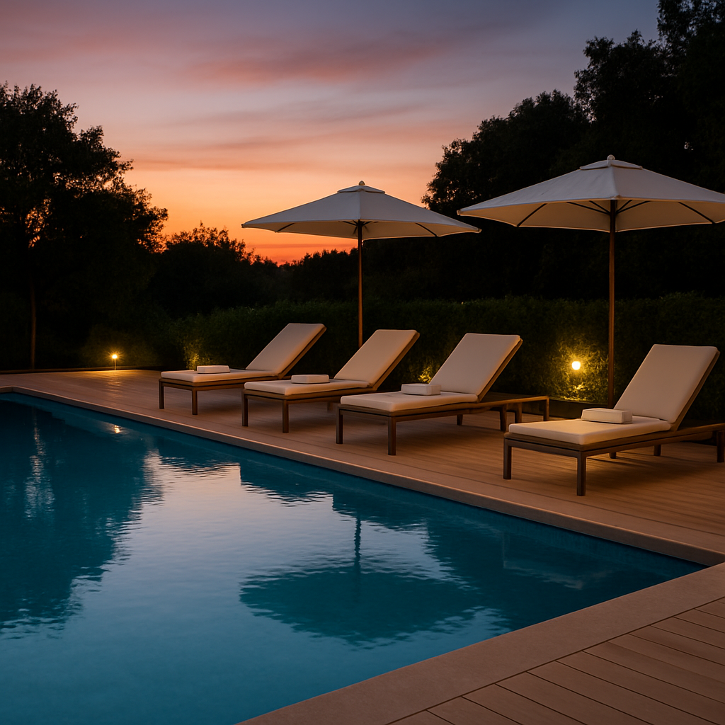 Abendstimmung am Pool mit ruhiger Wasseroberfläche, aufgeräumter Liegefläche und gedämpfter Beleuchtung