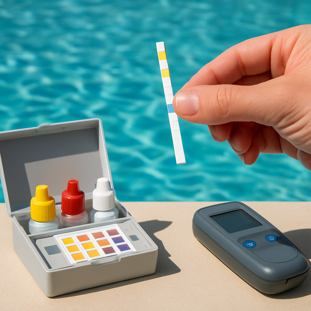 Eine Hand hält Teststreifen über dem Poolwasser; neben dem Pool ein Tropfentest-Kit und ein digitales Messgerät auf einem kleinen Tisch