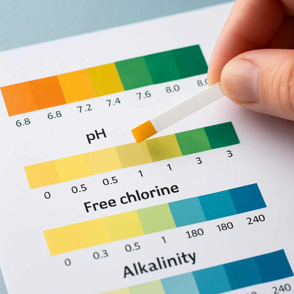 Nahaufnahme einer Messskizze, die pH, freies Chlor, gebundenes Chlor und TA auf einem Diagramm zeigt