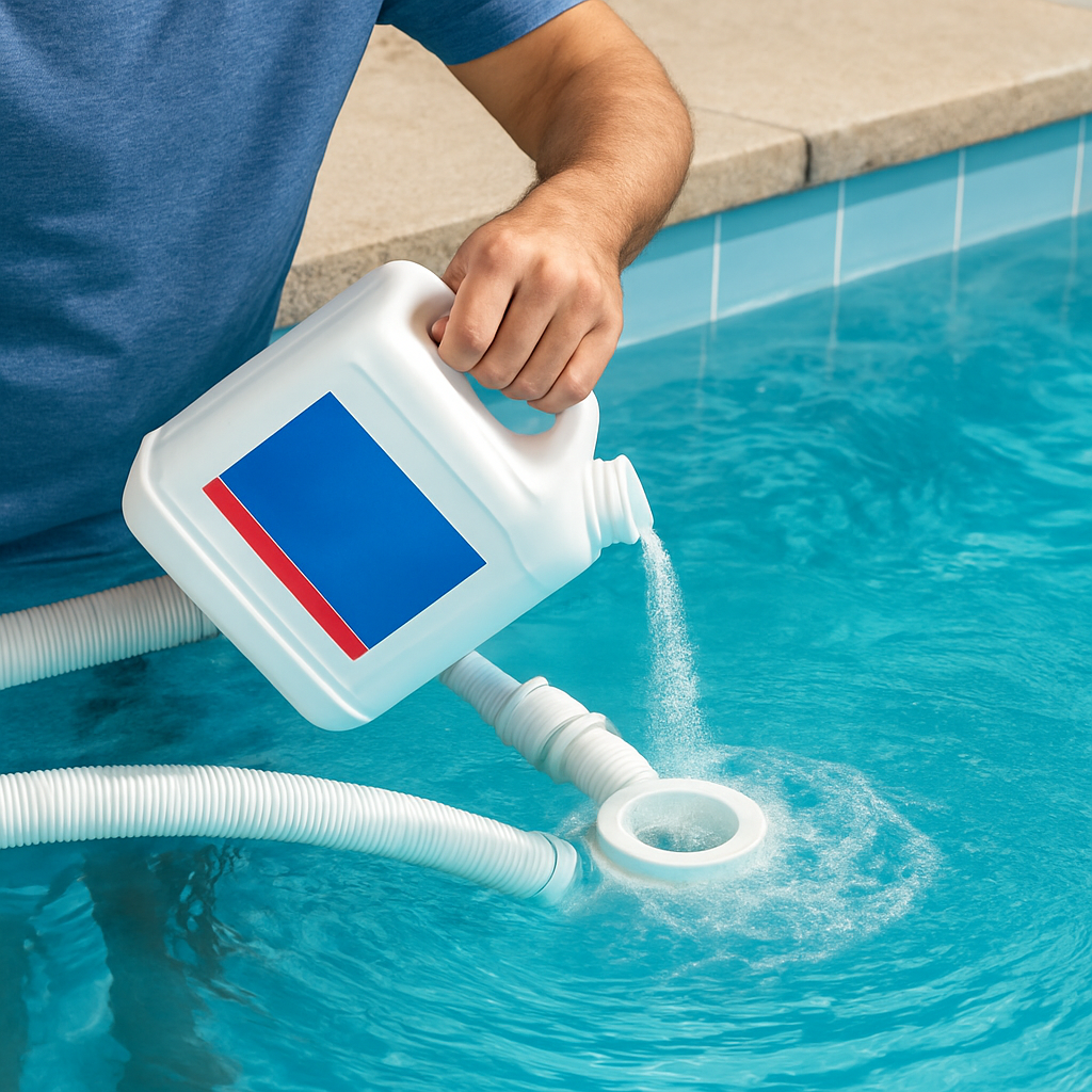 Person gießt pH-Senker an einer empfohlenen Stelle in den Rücklauf des Pools, deutlich sichtbare Pumpschläuche und Wirbel zur Durchmischung