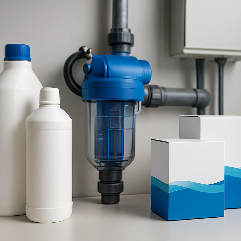 Vergleichsbild: links flasche Chlorprodukte, Mitte Salzelektrolyse-Zelle in Technikraum, rechts Kartons mit Aktivsauerstoff-Produkten