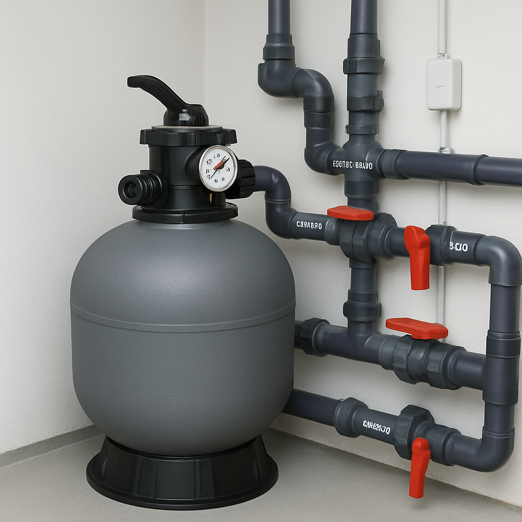 Technikraum mit Sandfilter, deutlich sichtbares Manometer und Beschriftungen an Ventilen