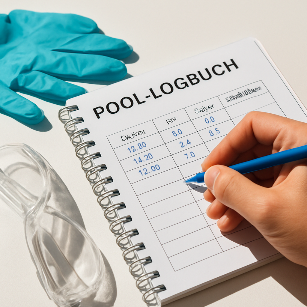 Person notiert Wasserwerte in ein Pool-Logbuch; daneben Handschuhe und eine Schutzbrille