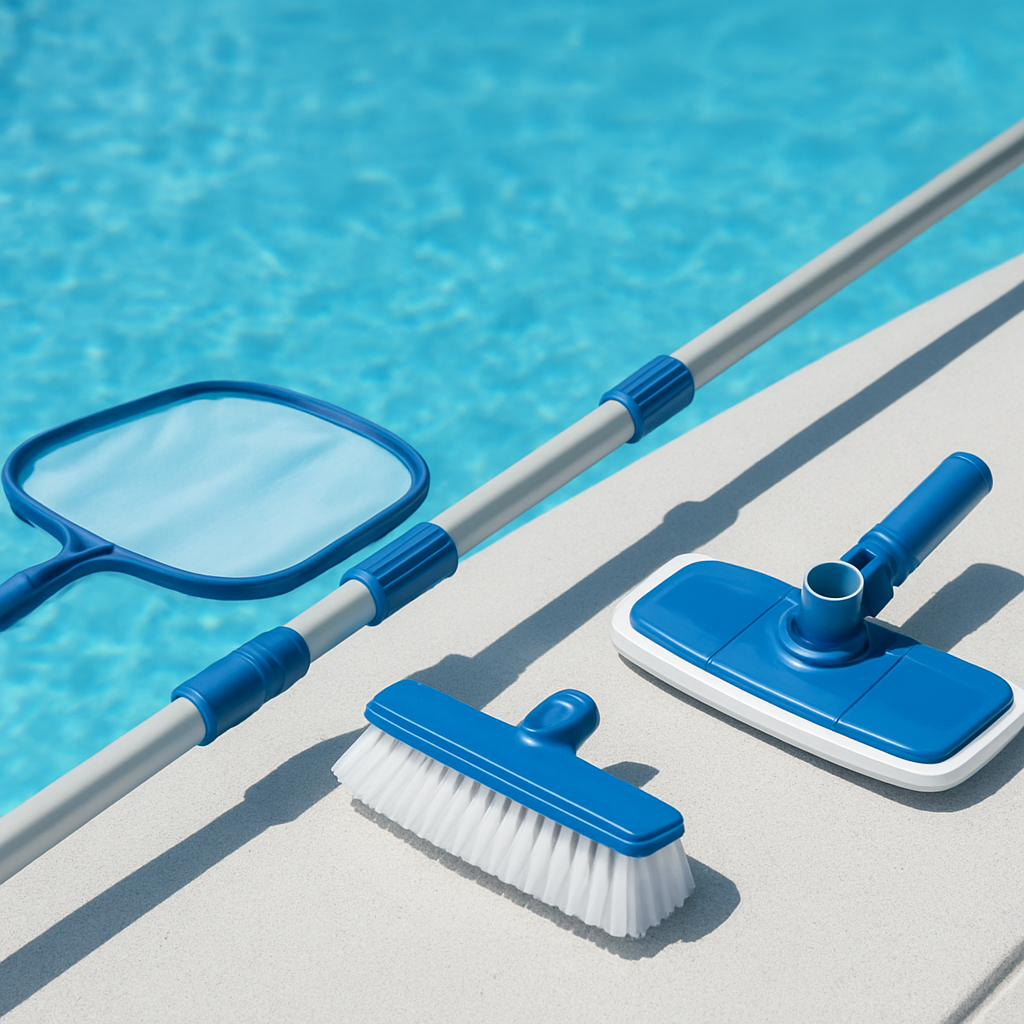 Nahaufnahme eines stabilen Teleskopstangens mit Klicksystem, an dem Kescher, Bürste und Bodensauger befestigt sind