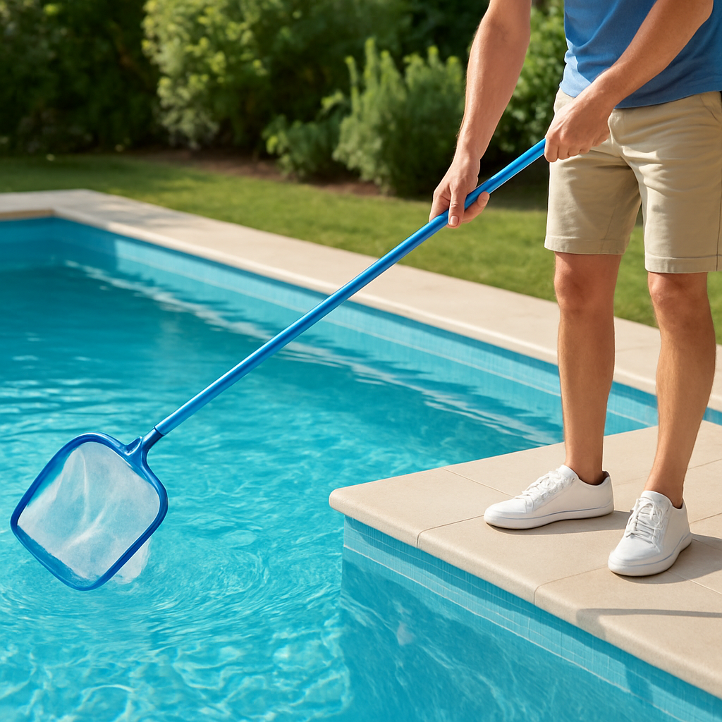 Person beim Abskimmen der Wasseroberfläche mit einem feinen Kescher am Poolrand