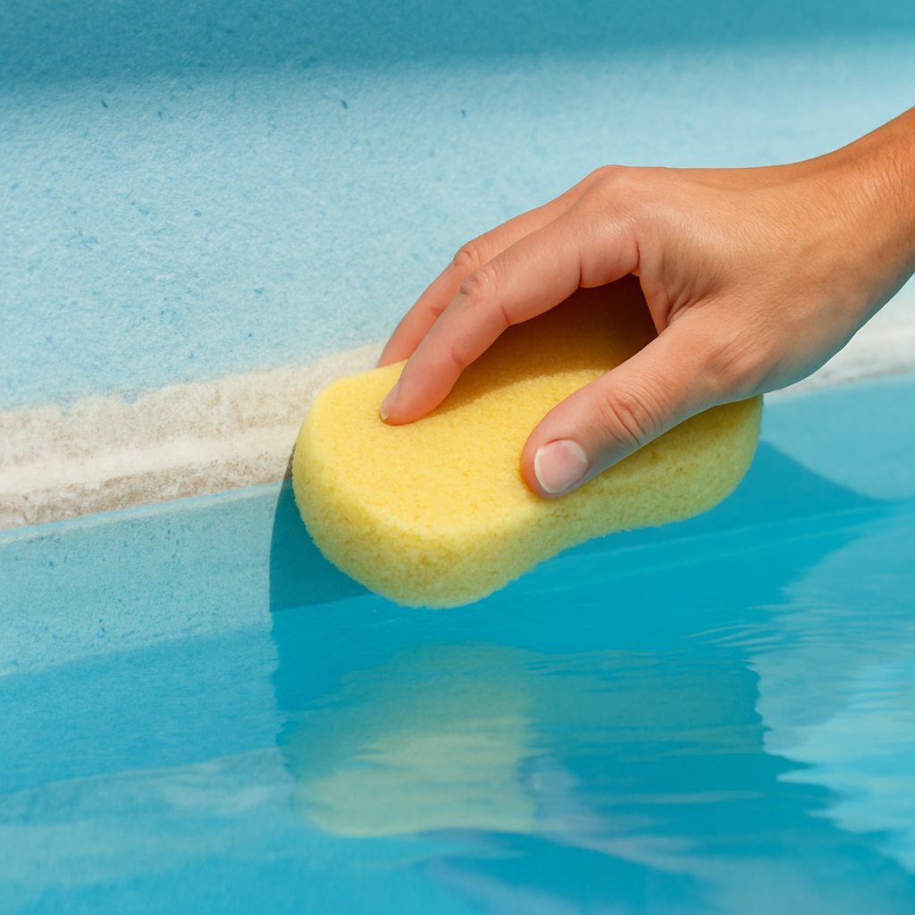 Detailaufnahme einer Wasserlinie mit leichten Kalk- und Fettstreifen, daneben eine Hand mit weichem Schwamm beim Reinigen