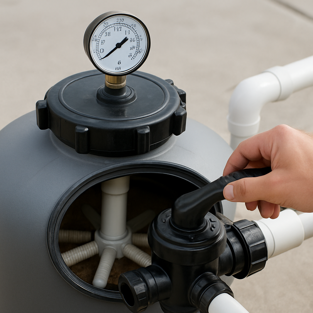 Geöffneter Sandfilter mit Manometer, daneben eine Hand, die den Rückspülgriff bedient (sicher mit ausgeschalteter Pumpe gezeigt)