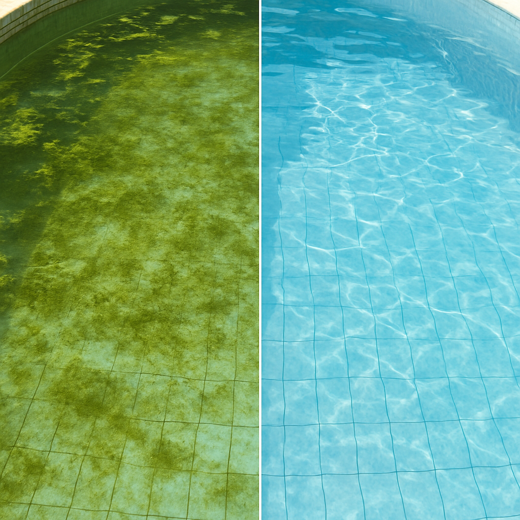 Vorher-Nachher-Aufnahme eines Poolbodens mit Algenbefall, danach gereinigt und klar