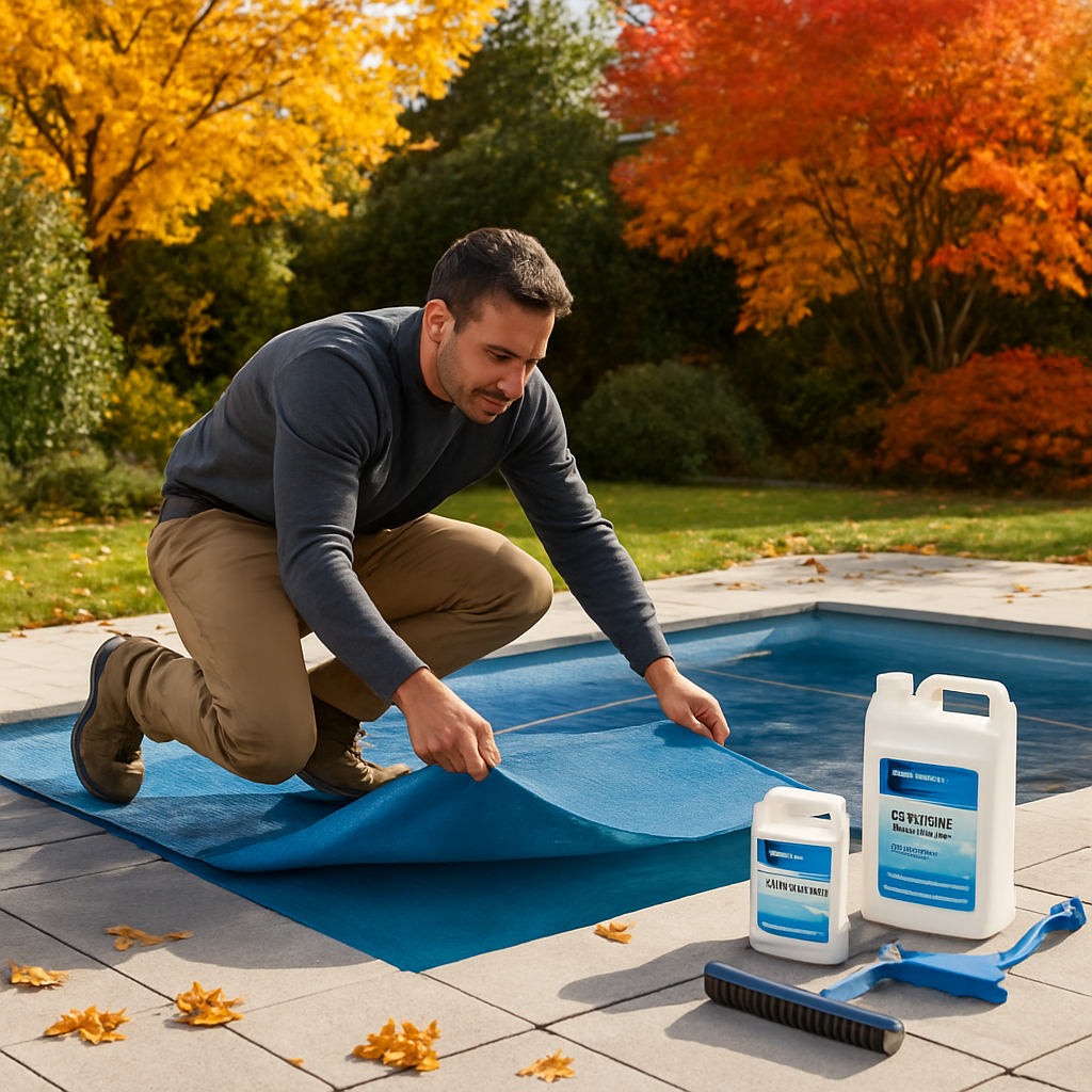 Person beim Abdecken eines Pools im Herbst, nebenan beschriftete Behälter mit frostfreien Schutzmitteln und Werkzeug