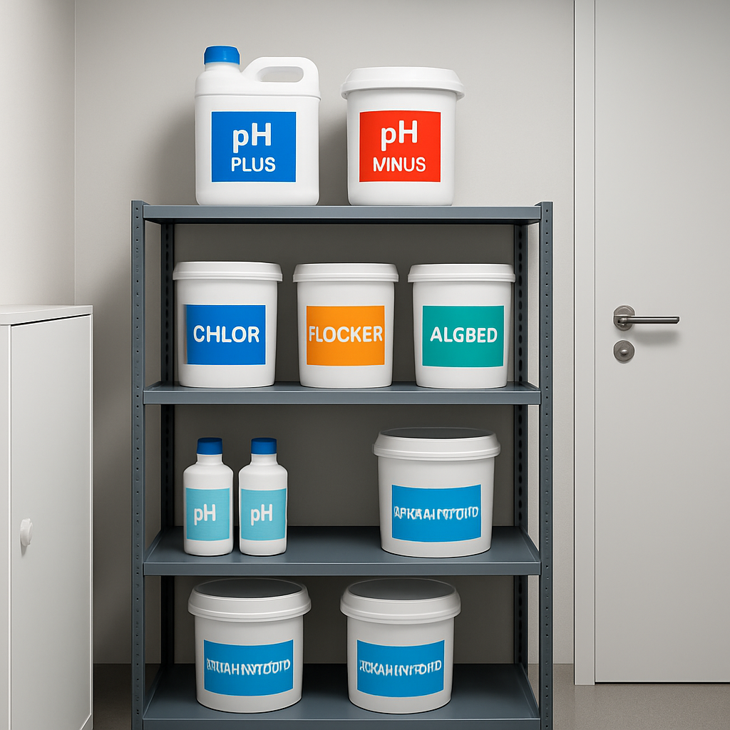 Kleiner, sicherer Lagerraum für Poolchemie mit Regalen, beschrifteten Behältern und kindersicheren Verschlüssen