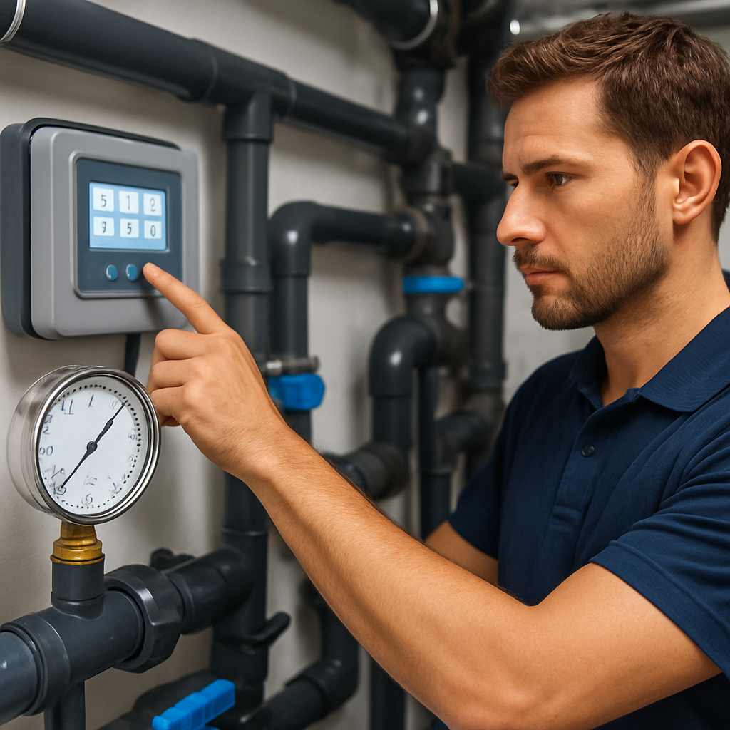 Ein Techniker prüft die Anzeige einer Poolsteuerung im Technikraum; Close-up auf Druckanzeige und Rohrleitungen