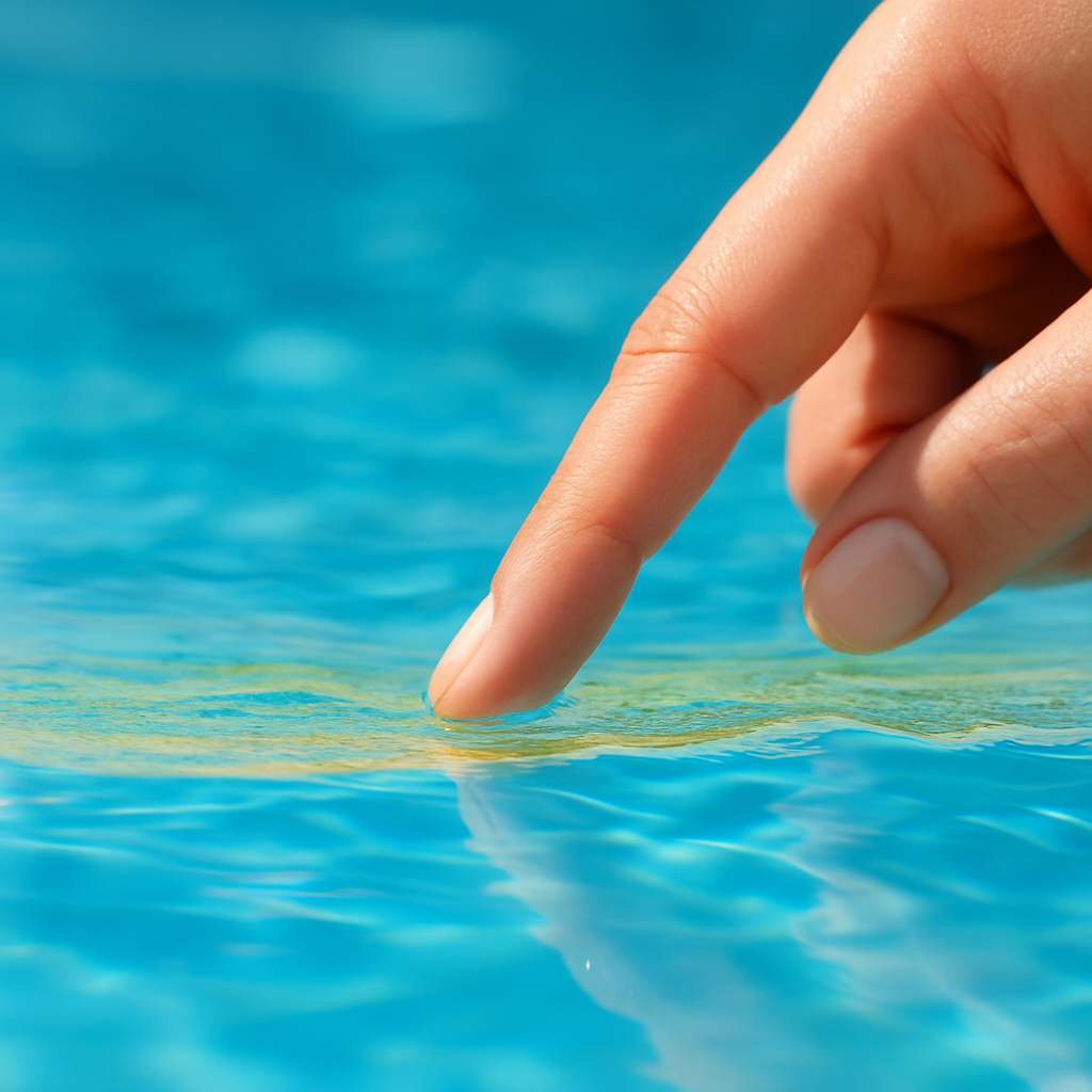 Makroaufnahme einer Wasserlinie mit sichtbarem Fettfilm; Fingerspitze zeigt auf die Ablagerung