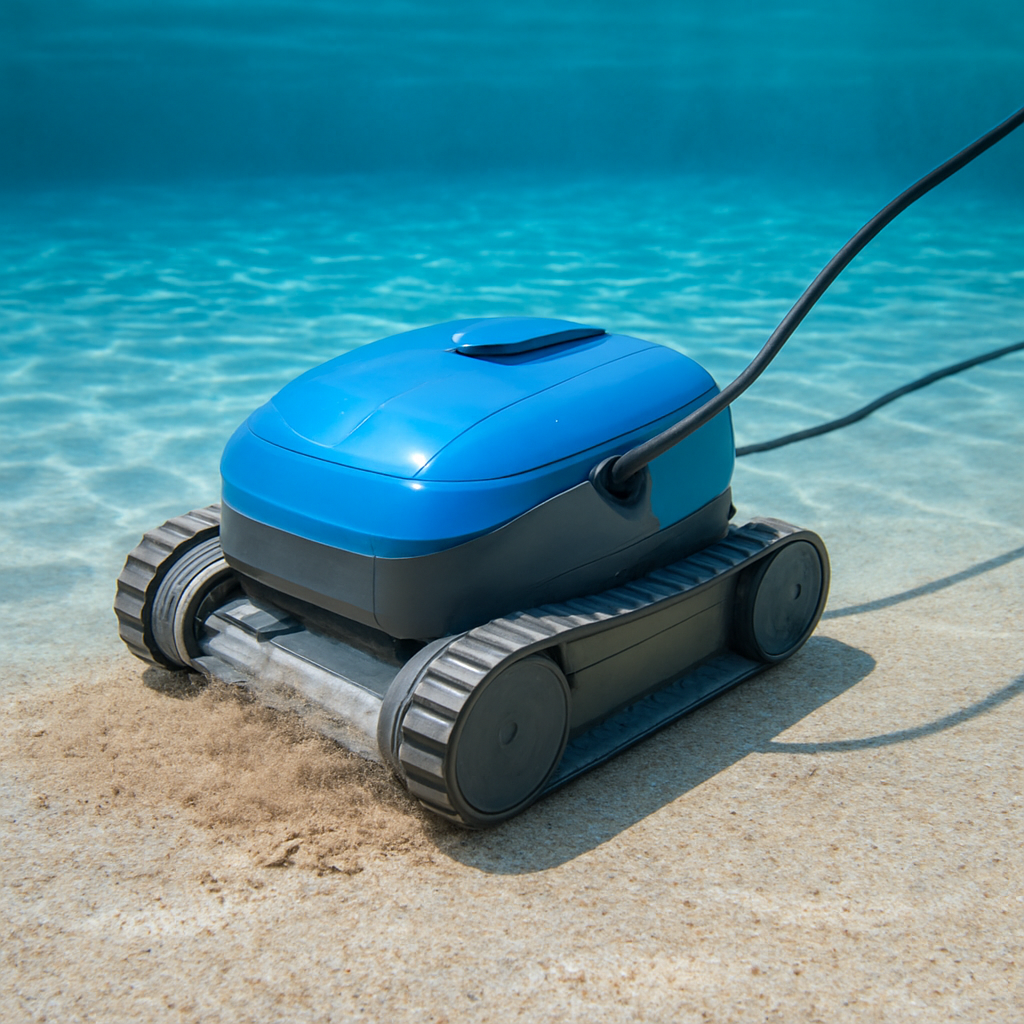 Aufnahme eines Poolroboters bei der Arbeit; Kabel ordentlich verlegt, Gerät saugt Sand vom Boden