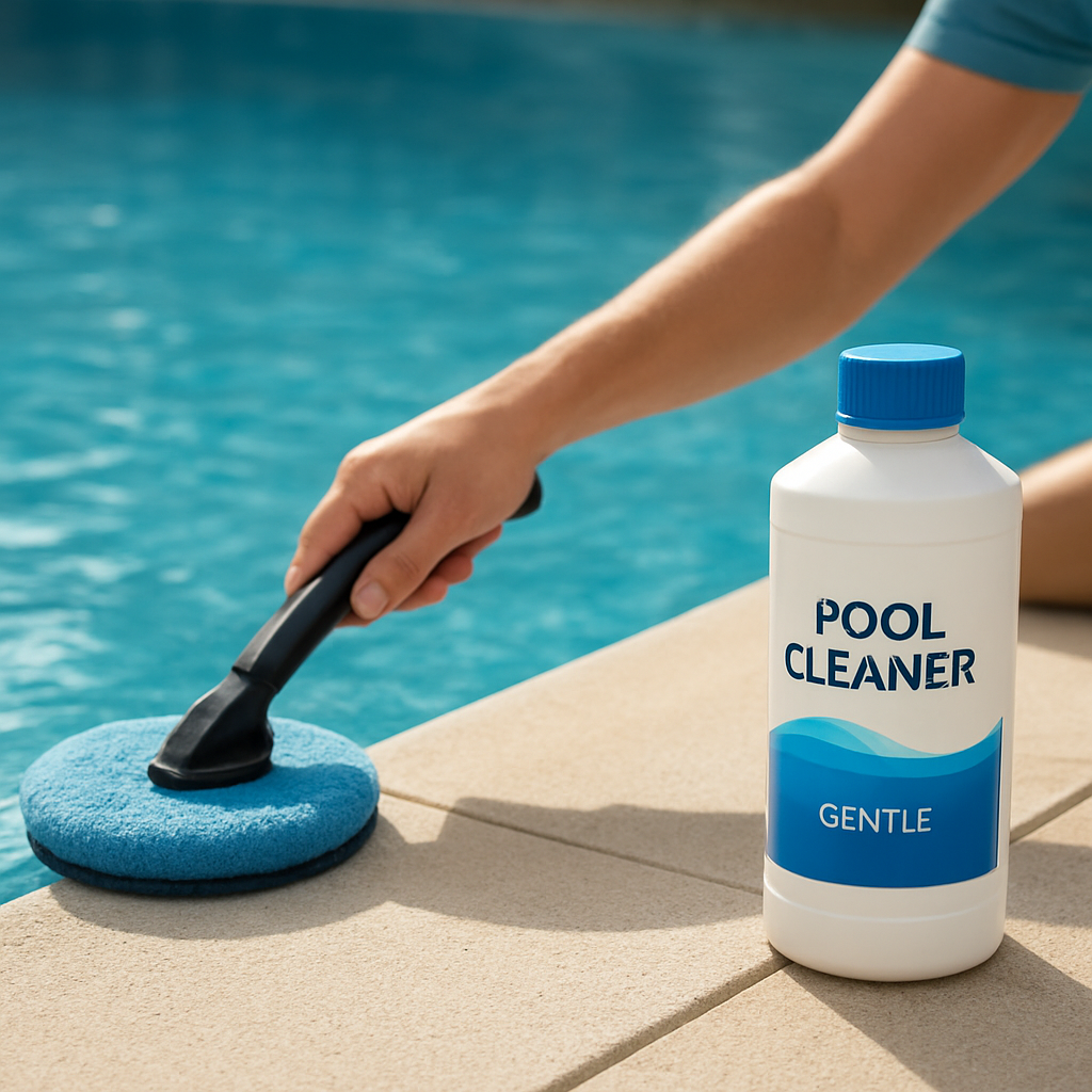 Person reinigt die Wasserlinie mit einem weichen Pad; Flasche eines schonenden Poolreinigers im Vordergrund