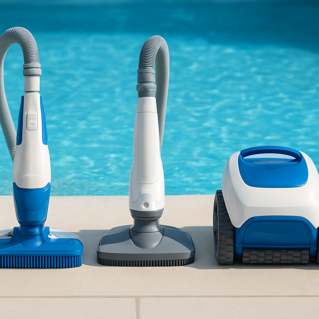 Vergleichsaufnahme: zwei Bodensauger-Modelle und ein Roboter nebeneinander auf dem Beckenrand; Beschriftung zeigt Stromaufnahme und Filtertyp