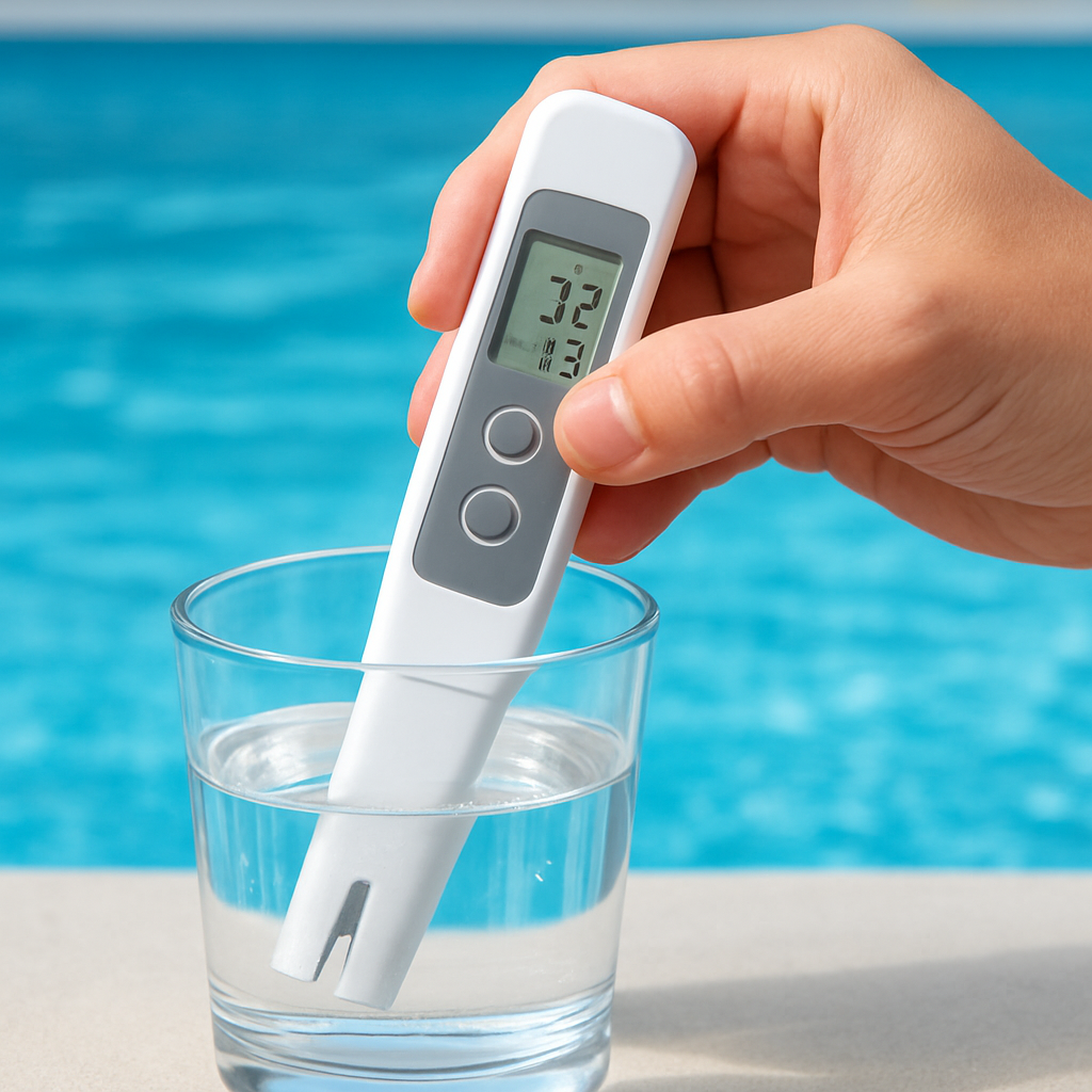 Hand hält einen digitalen Messgerät über ein Wasserprobe-Glas; Anzeige zeigt pH-Wert und Chlorwert