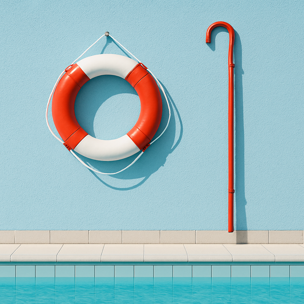 Rettungsring und Rettungsstange an der Wand eines Freibads, gut sichtbar und griffbereit aufgehängt