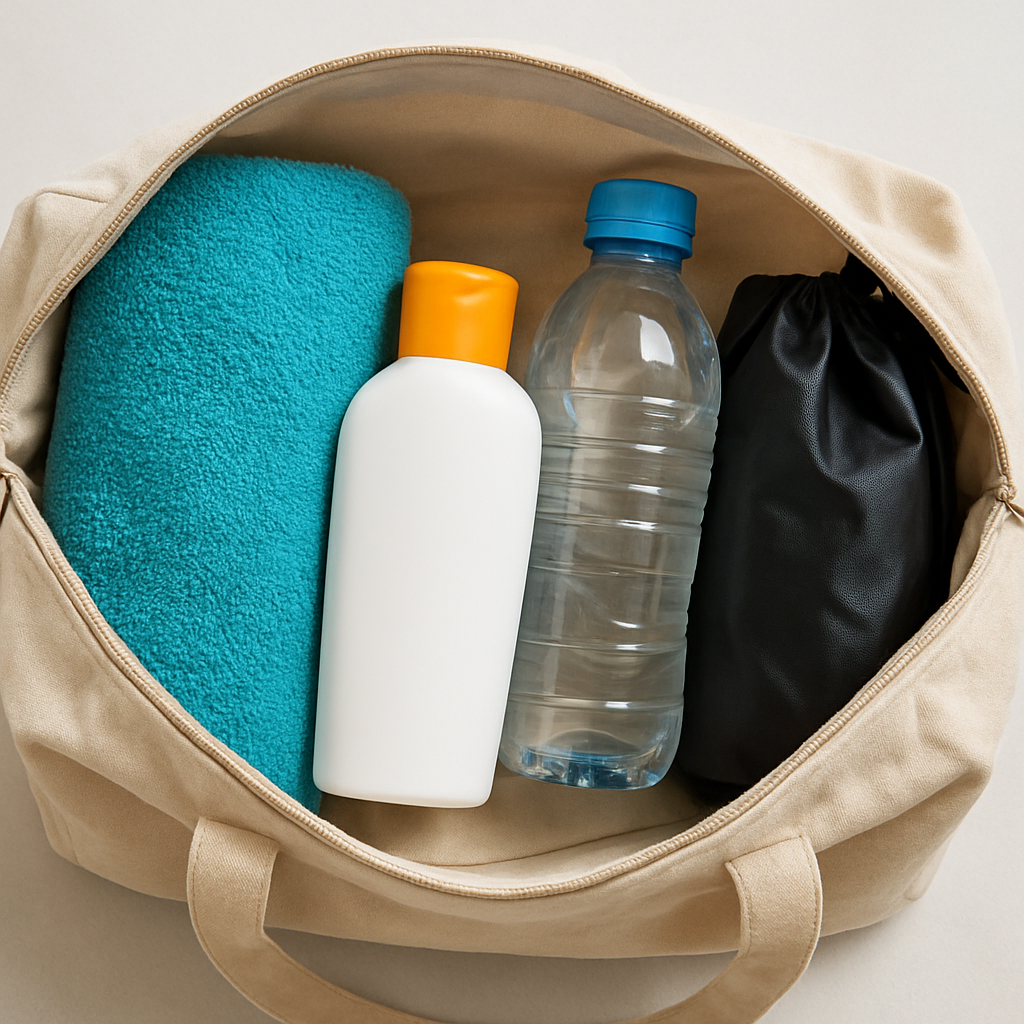Close-up einer geöffneten Badetasche mit Handtuch, Sonnencreme, Wasserflasche und Nassbeutel, alles übersichtlich angeordnet