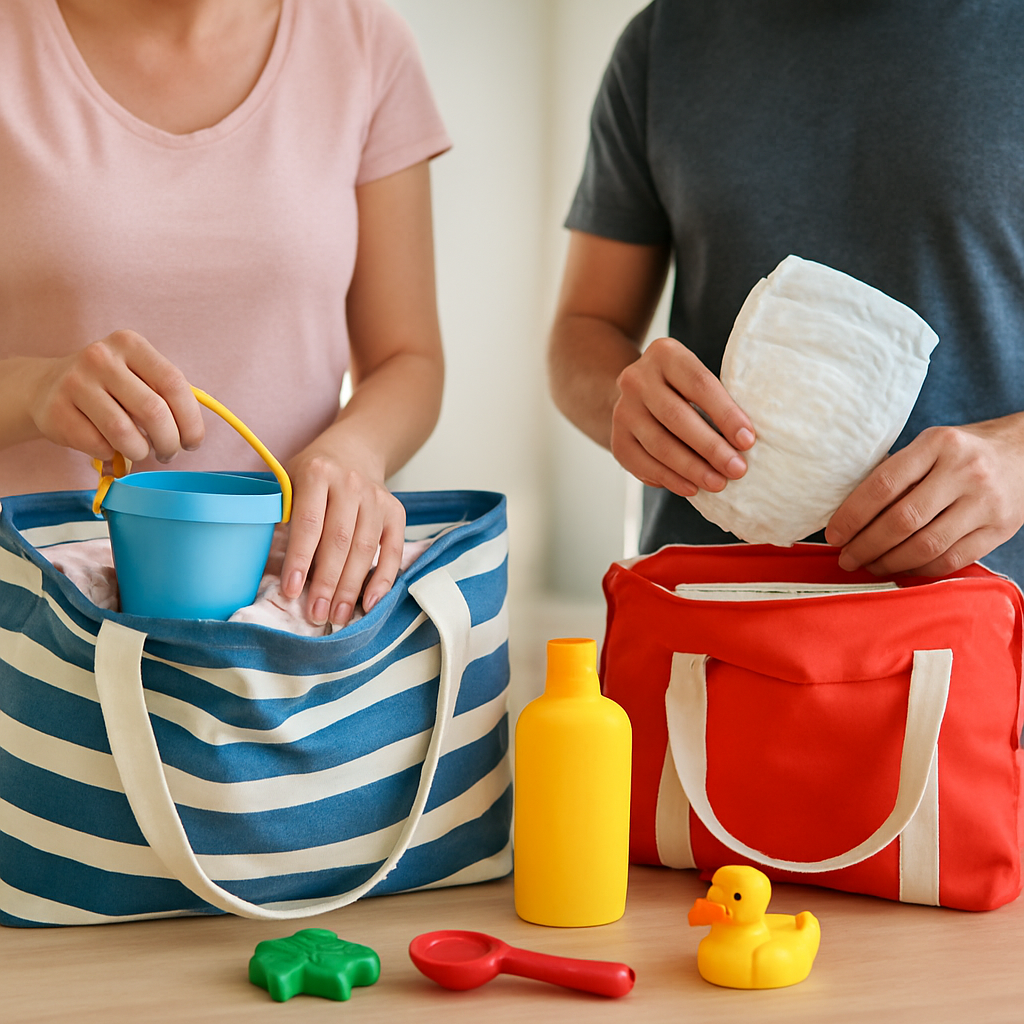 Eltern packen kindgerechte Taschen, Wechselwindeln, Sonnenspray und kleines Spielzeug sichtbar