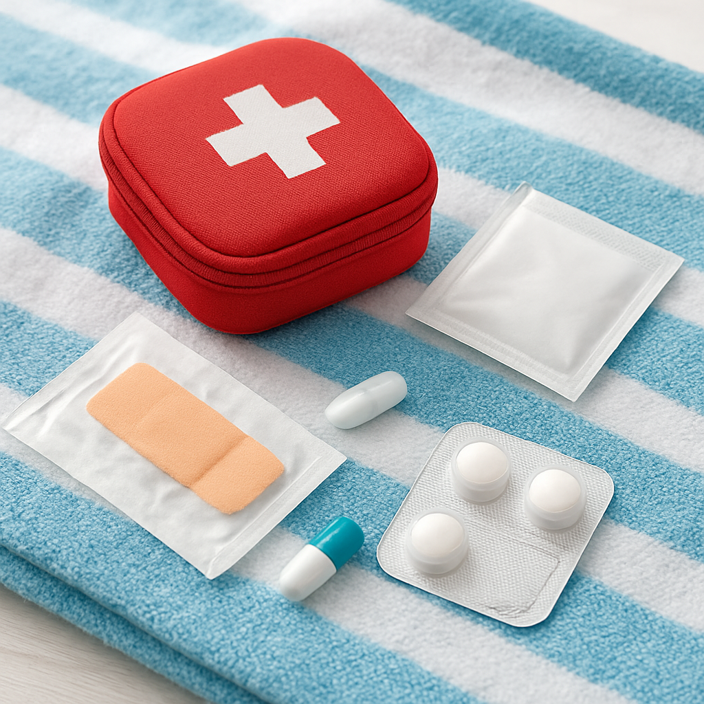Kleine Reiseapotheke mit Pflastern, Desinfektionstüchern und einzelnen Medikamenten auf einem Handtuch