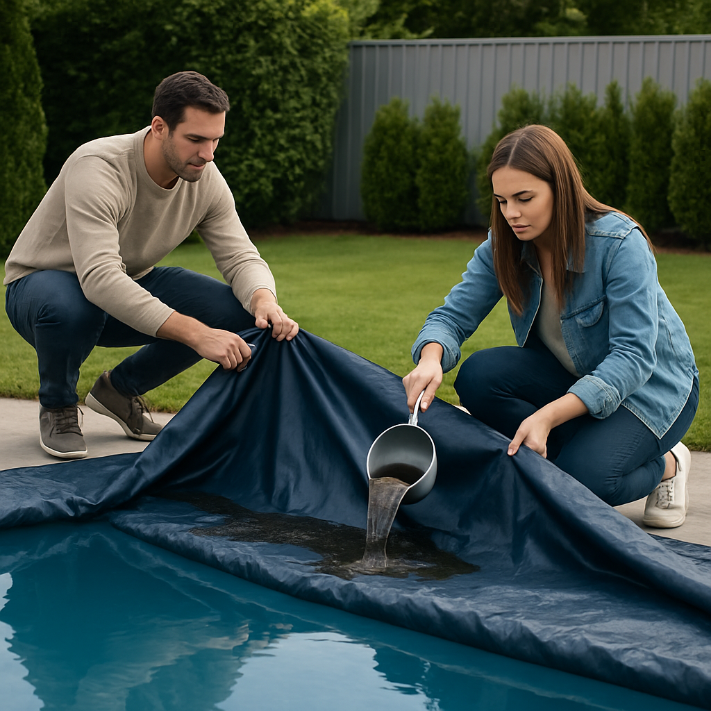 Personen beim langsamen Abziehen einer großen Winterabdeckung; eine Person schöpft Wasser ab, die andere zieht die Plane zusammen