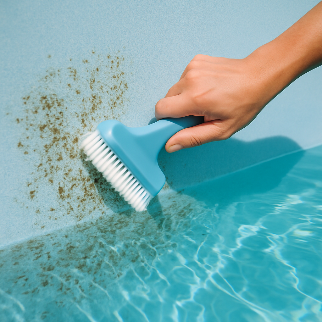 Close-up einer Hand, die mit einer weichen Bürste die Poolwand säubert, Nahaufnahme von Schmutzablösungen und klarem Wasser