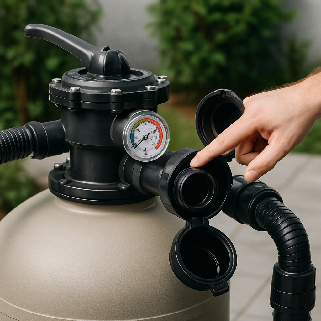 Filteranlage mit offenem Manometer und geöffneter Rückspülklappe, Hand zeigt auf Druckanzeige
