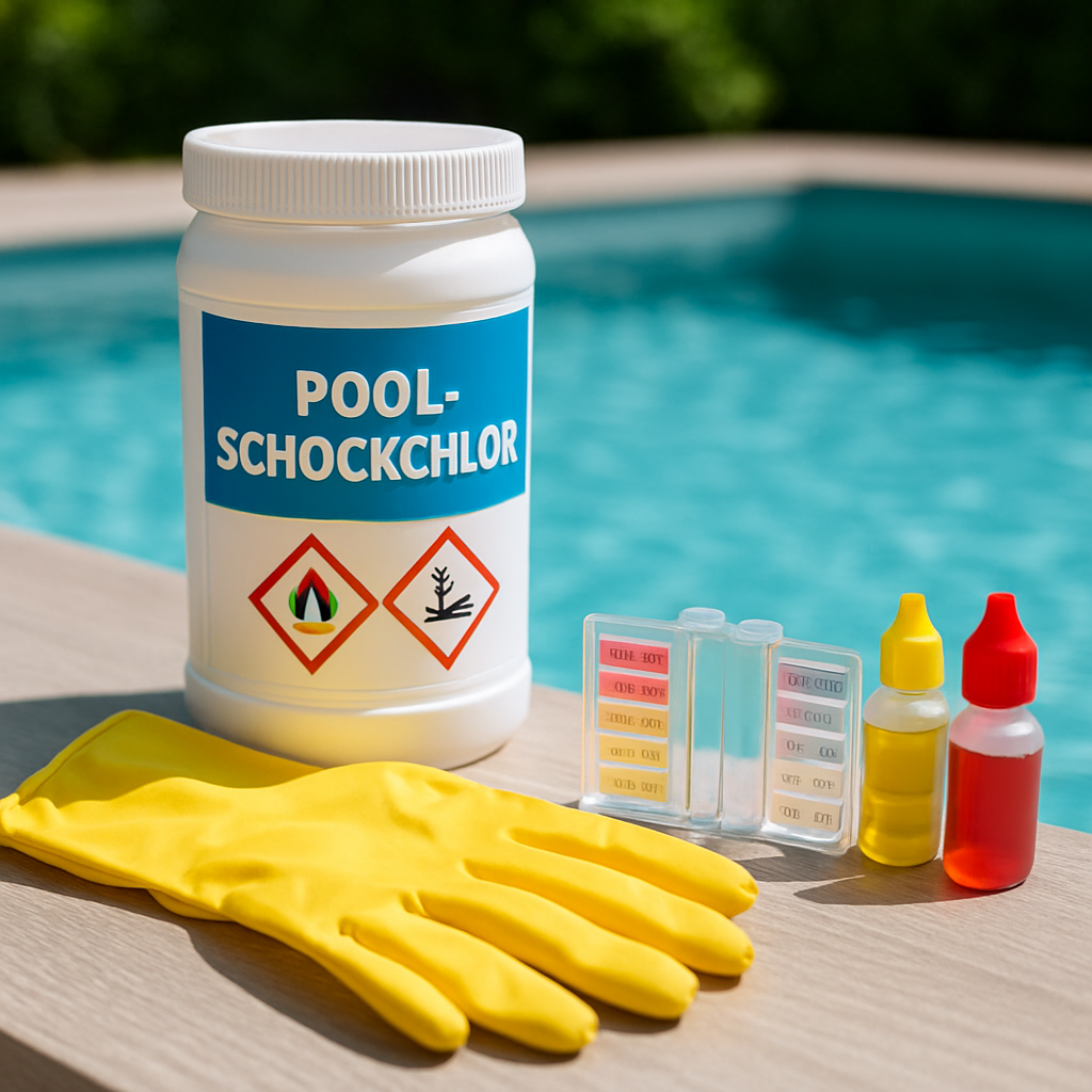 Flasche mit Pool-Schockchlor, Handschuhe und Messbesteck auf einem Tisch am Poolrand, Warnhinweise sichtbar
