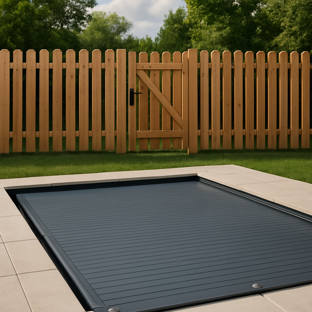 Kindersichere Poolabdeckung, Lattenzaun und abschließbares Tor als Sicherheitsmaßnahmen sichtbar