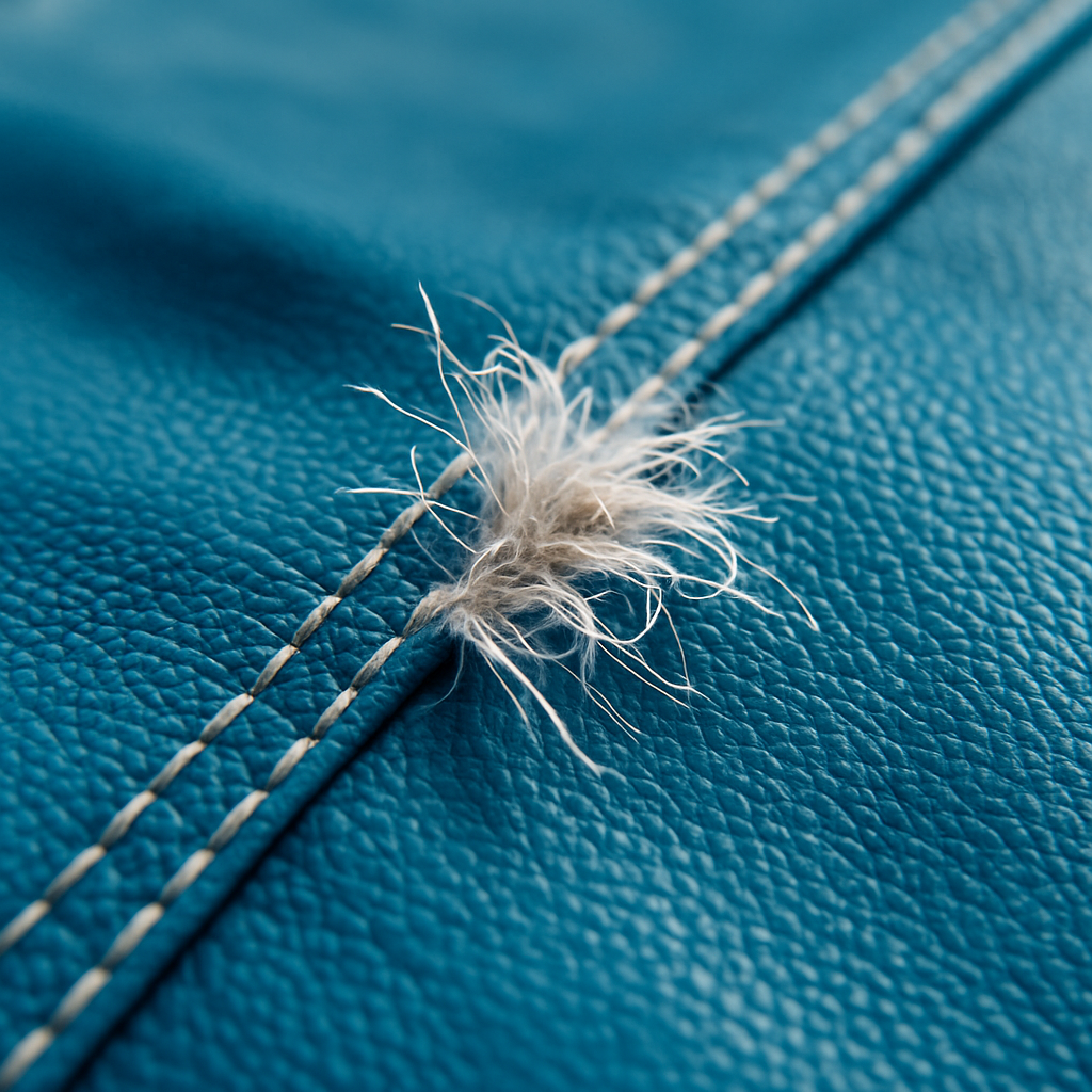 Detailaufnahme einer ausgefransten Naht an einer Poolplane mit Fokus auf Faserausbruch