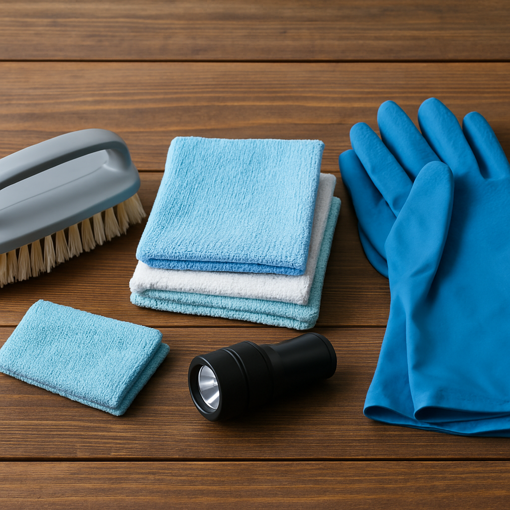 Werkzeuge: weiche Bürste, Mikrofasertücher, Handschuhe und Taschenlampe auf einem Holztisch angeordnet