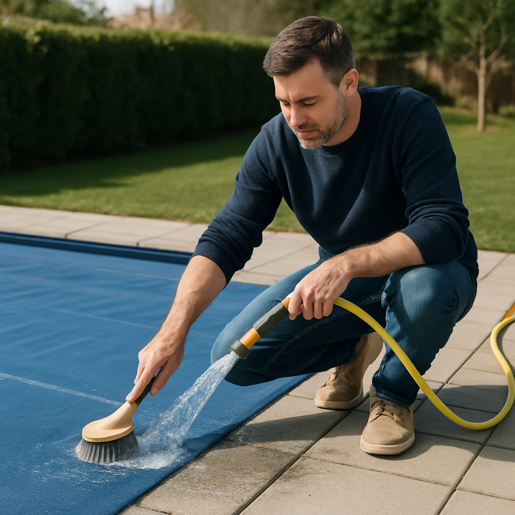 Person reinigt Poolabdeckung am Beckenrand mit Gartenschlauch und weicher Bürste