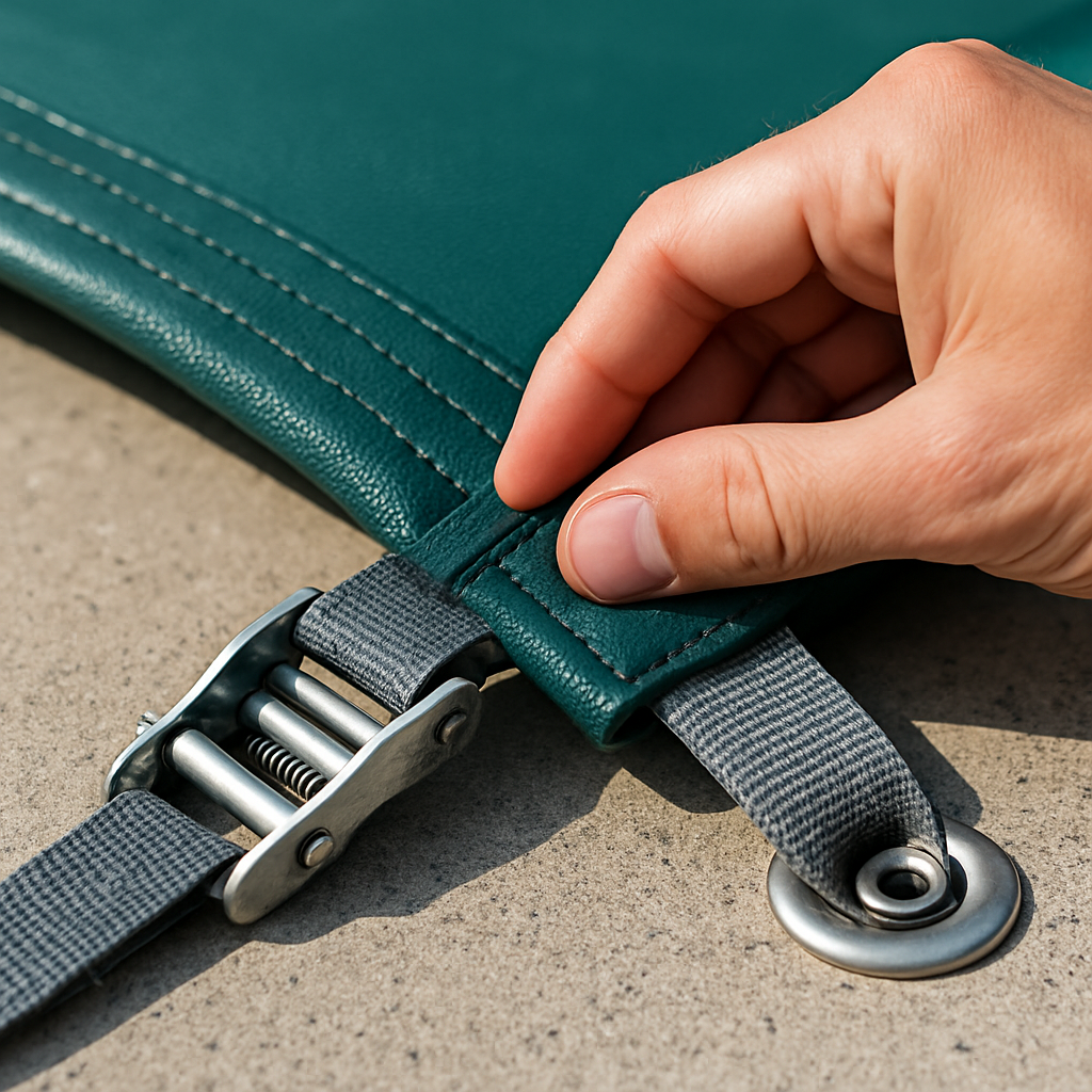 Nahaufnahme: Gurtband mit Spannschloss und Öse am Poolrand, eine Hand prüft die Nahtfestigkeit