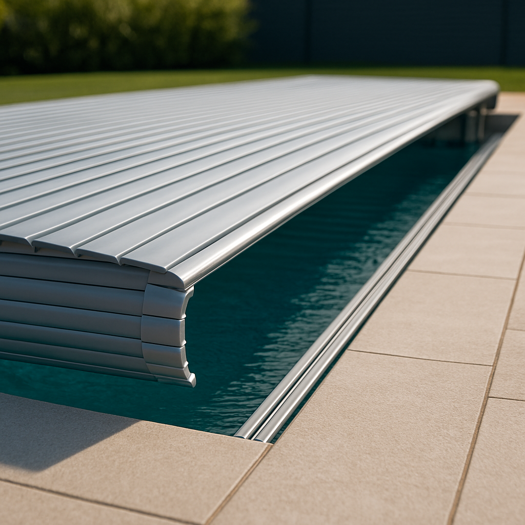 Lamellenabdeckung in Bewegung: Blick auf Führungsschiene und Lamellen, Kamera aus seitlicher Perspektive