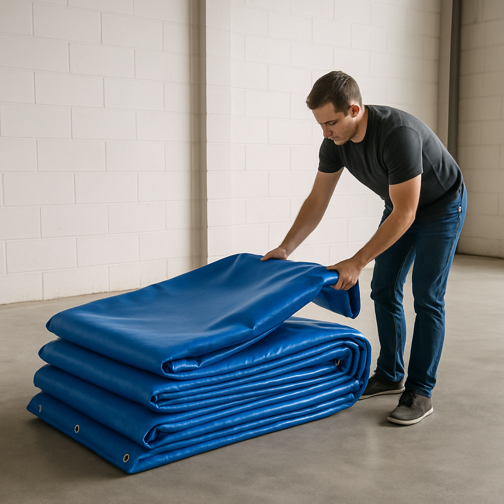 Abdeckung wird zusammengelegt und in einer trockenen Halle gelagert — sauber, faltenarm