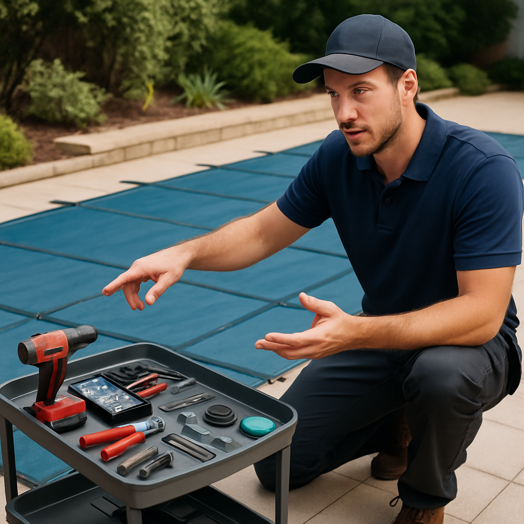 Ein Fachhandwerker erklärt am Pool reparaturmöglichkeiten; man sieht Werkzeuge und Ersatzteile auf einem kleinen Wagen