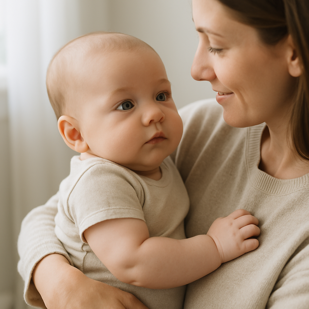 Nahaufnahme eines ruhigen Babys im Arm einer Erwachsenenperson, Blickkontakt und beruhigende Zuwendung sichtbar