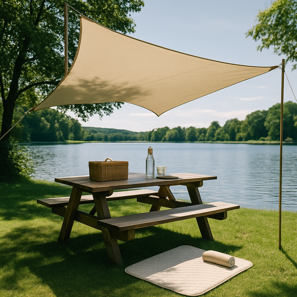Picknickplatz am See mit Sonnensegel und Wickelunterlage, ruhig gelegen, Schattenplatz sichtbar