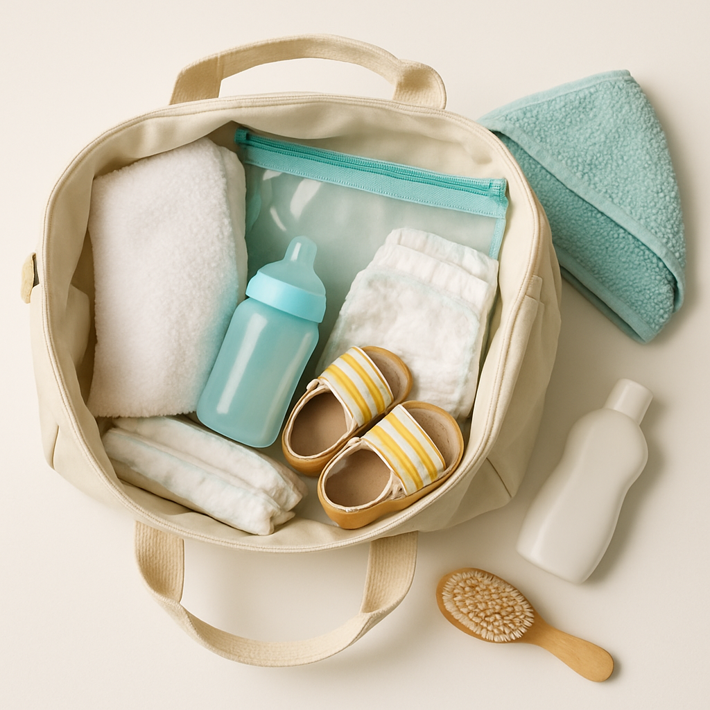 Offen gepackte Badetasche mit den wichtigsten Utensilien sauber sortiert, wasserdichte Beutel sichtbar