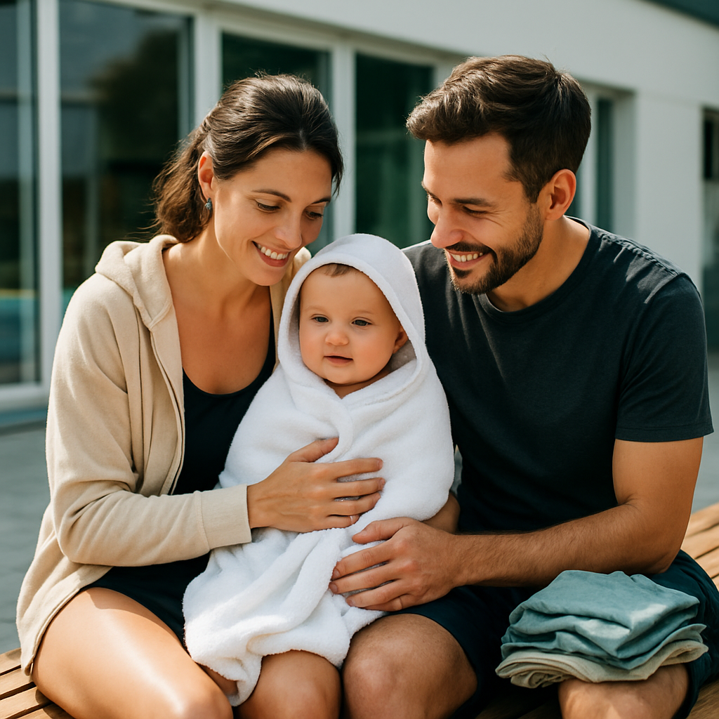 Eltern sitzen nach dem Baden mit einem warm eingewickelten Baby auf einer Bank, Handtuch und Wechselkleidung sichtbar