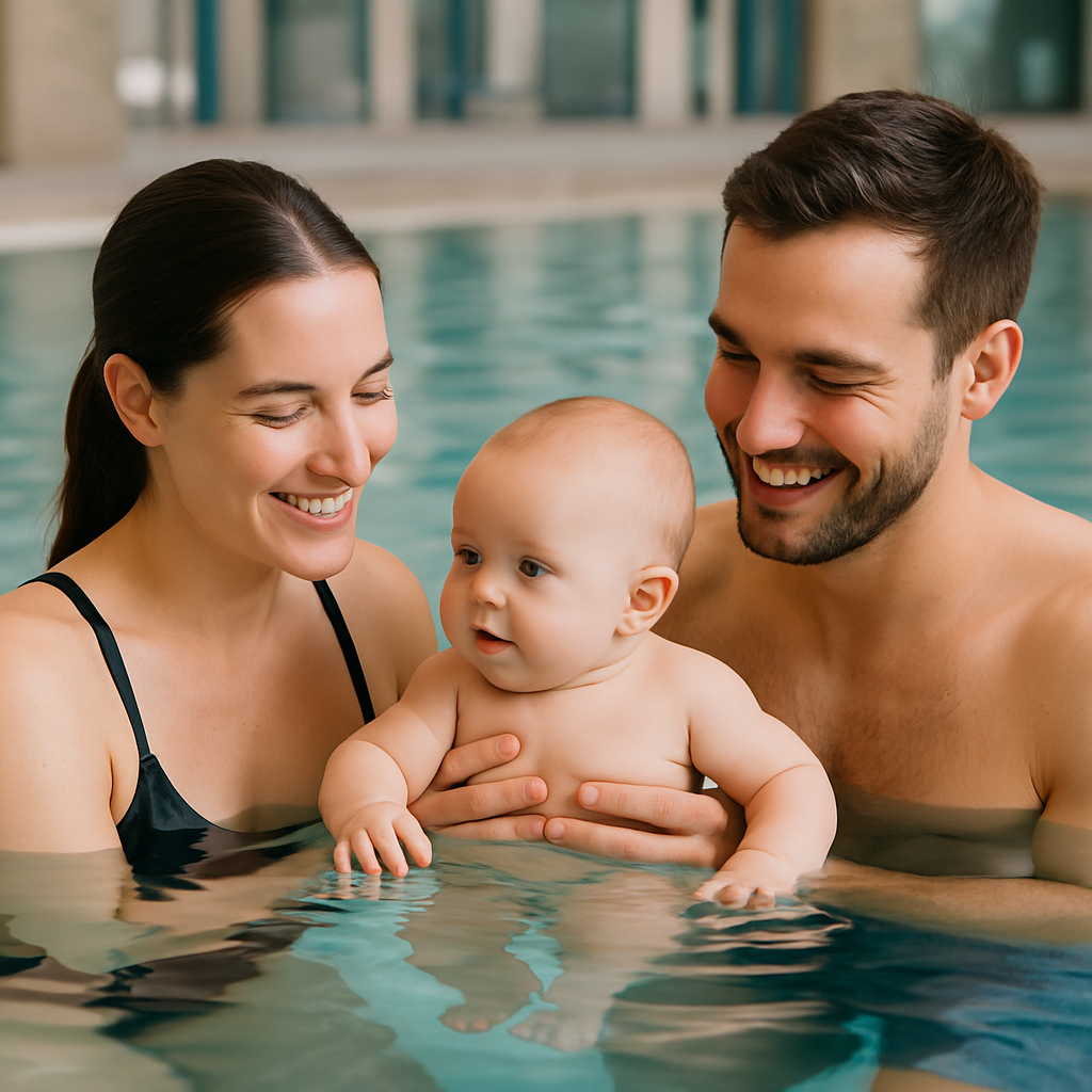 Sanfte Szene am Rand des Familienbeckens: Eltern halten das Baby gemeinsam, lächelnd, erste vorsichtige Bewegungen im Wasser