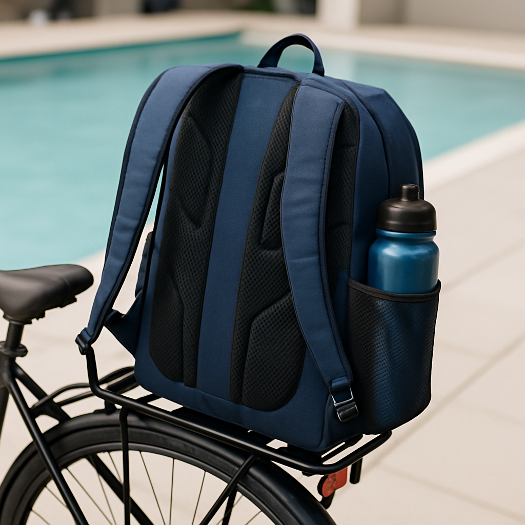 Ein Schwimmrucksack auf dem Fahrradträger, Nahaufnahme der belüfteten Rückenseite und der seitlichen Trinkflaschenhalter.