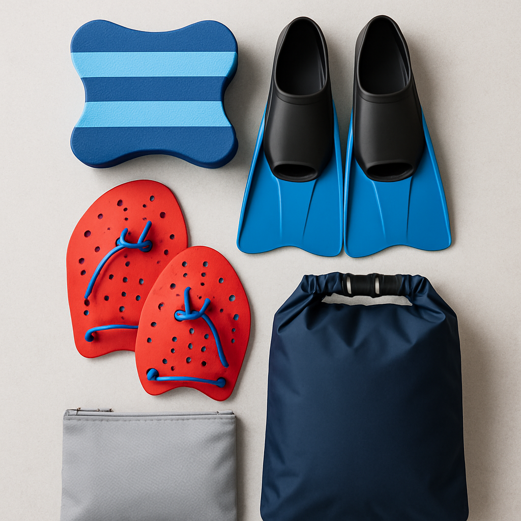 Ein geordnetes Tabletop mit Trainingszubehör: Pullbuoy, Flossen, Paddles und zwei Behälter für Nass-/Trockenwäsche.