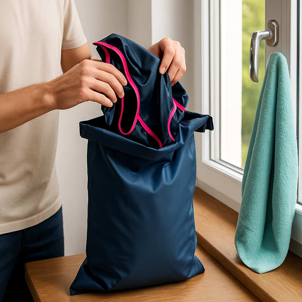 Ein Drybag wird geöffnet; nasse Badebekleidung wird hineingelegt. Neben dem Beutel steht ein offenes Fenster und ein aufgehängtes Handtuch.
