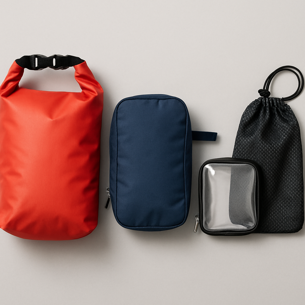 Vier verschiedene Organizer nebeneinander: Drybag (rot), Kulturbeutel (blau), transparentes Etui (klein), Netzbeutel (schwarz).