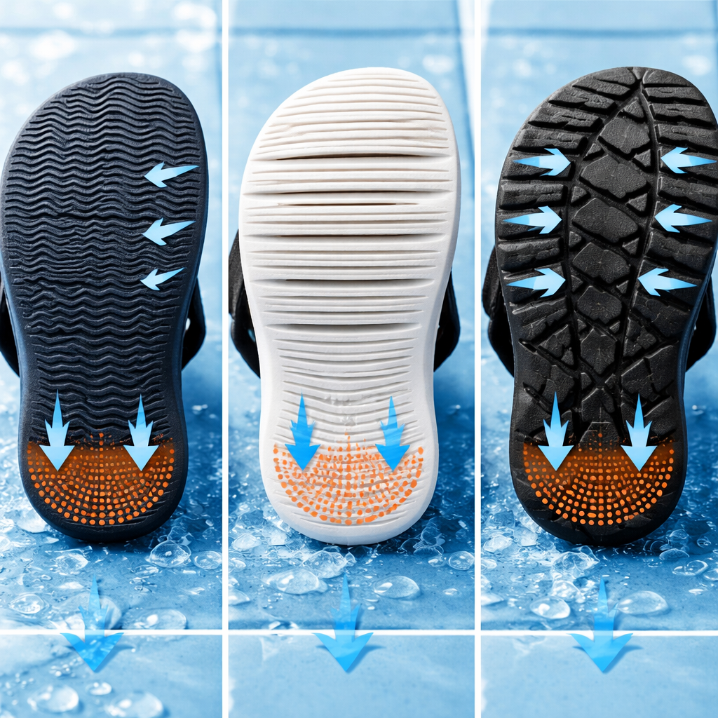 Sohlennahaufnahme: Verschiedene Profiltypen (feines Rillenmuster, Lamellen, grobe Stollen) nebeneinander; erklärende Pfeile zu Wasserablauf und Auflagefläche. Caption: "Profiltypen im Vergleich" Alt: "Vergleich verschiedener Schuhprofile"